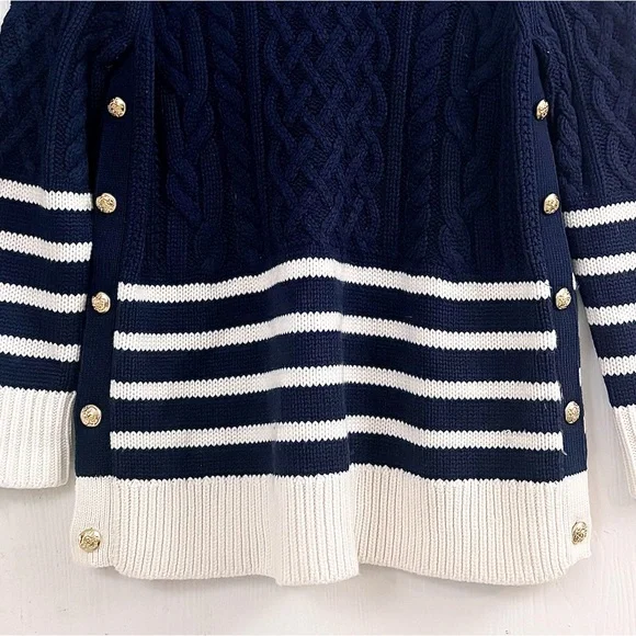 Tuckernuck Navy Striped Sankaty Cable Knit Chunky Nautical Sweater Size Large - Picture 7 of 13
